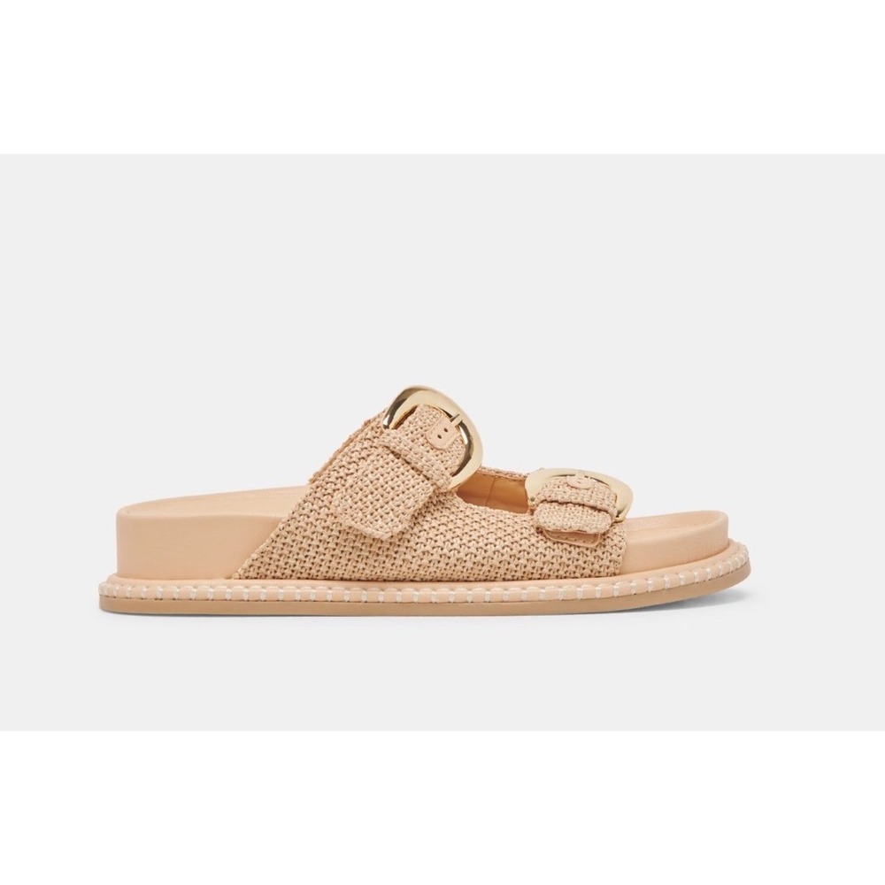 Dolce Vita Sevana Raffia Buckle Slide Sandals Light Natural Gold Buckle Platform